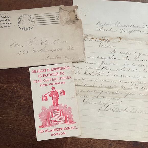 1889 C.D. Archibald Grocer Letter Envelope & Business Card Boston AF4-1